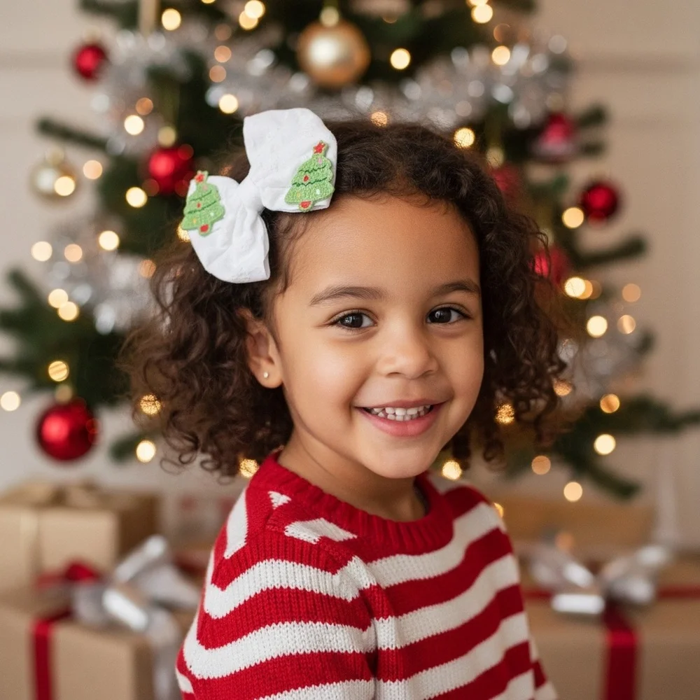 Charming White Eyelet Hair Bow with Christmas Tree Design